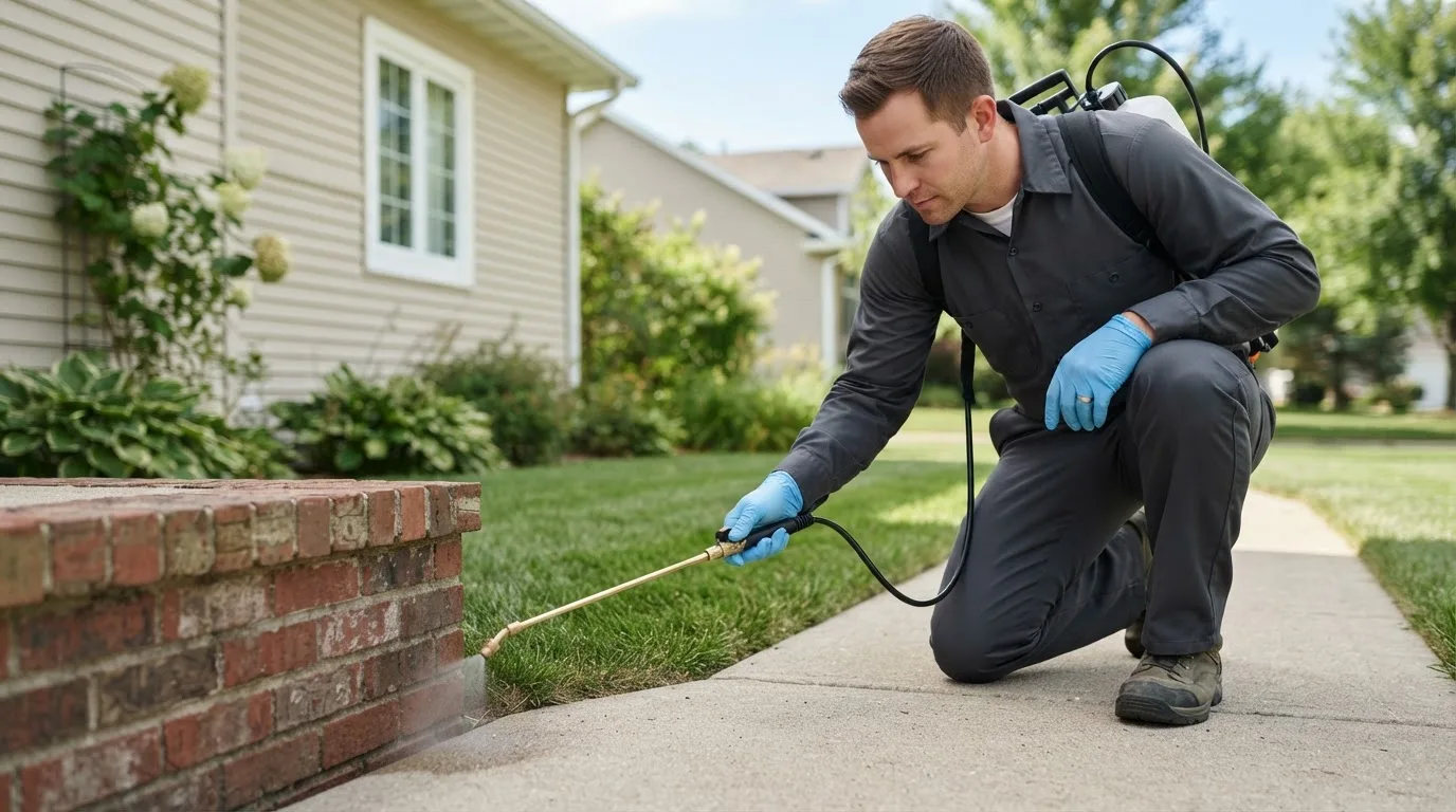 Pest control technician treating a home near Warrensburg, IL