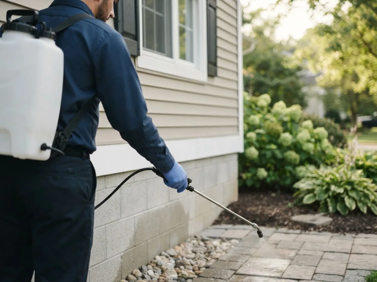 Pest control technician inspecting a home in Warrensburg, IL